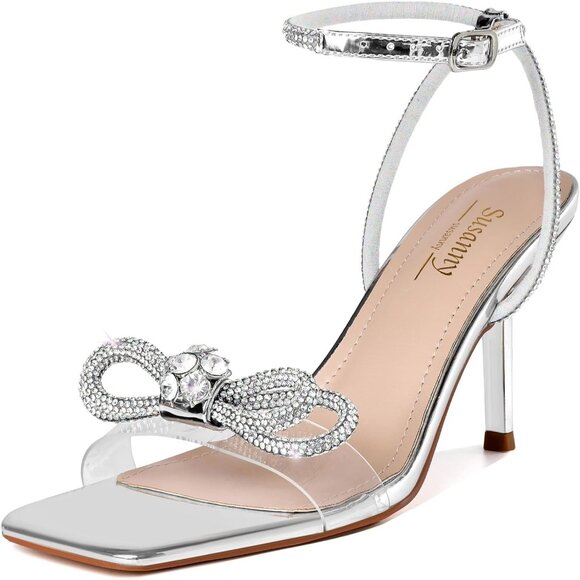 Women's Silver+bl Closed Toe Rhinestone Wedding Low Slingback Clear Kitten Heels - Picture 2 of 9